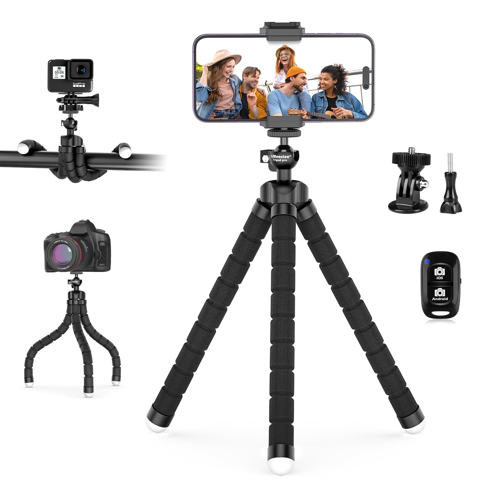 UBeesize Phone Tripod, Portable and Adjustable Camera Stand Holder with Wireless Remote and Universal Clip, Compatible with Cellphones, Sports Cameras (Color May Vary - Black/Grey)