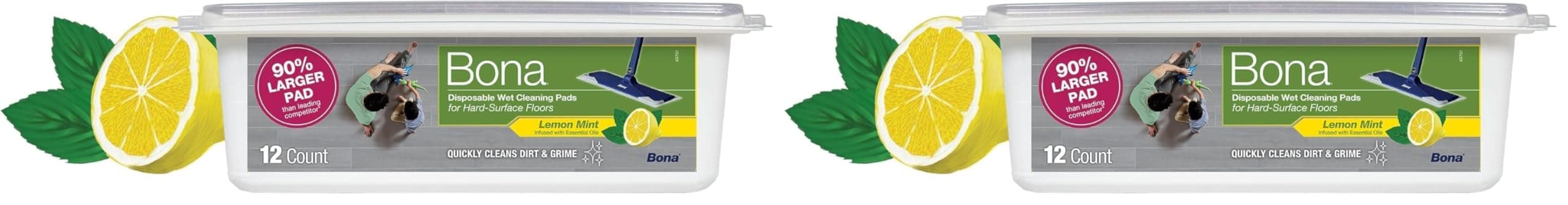 Bona® Disposable Wet Cleaning Pads for Hard-Surface Floors, Lemon Mint Scent 12 Count (Pack of 2)