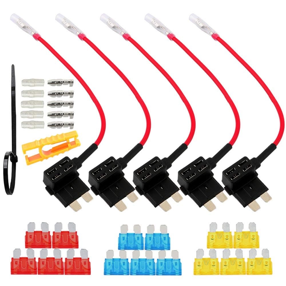 FULARR® 5Pcs Premium ACU Medium Add-A-Circuit Fuse Tap, Piggy Back Blade Fuse Holder Kit with Wire Harness, Free Standard Blade Fuses X 15Pcs, Fuse Puller X 1Pcs, Wire Ties X 5Pcs –– 12V / 24V