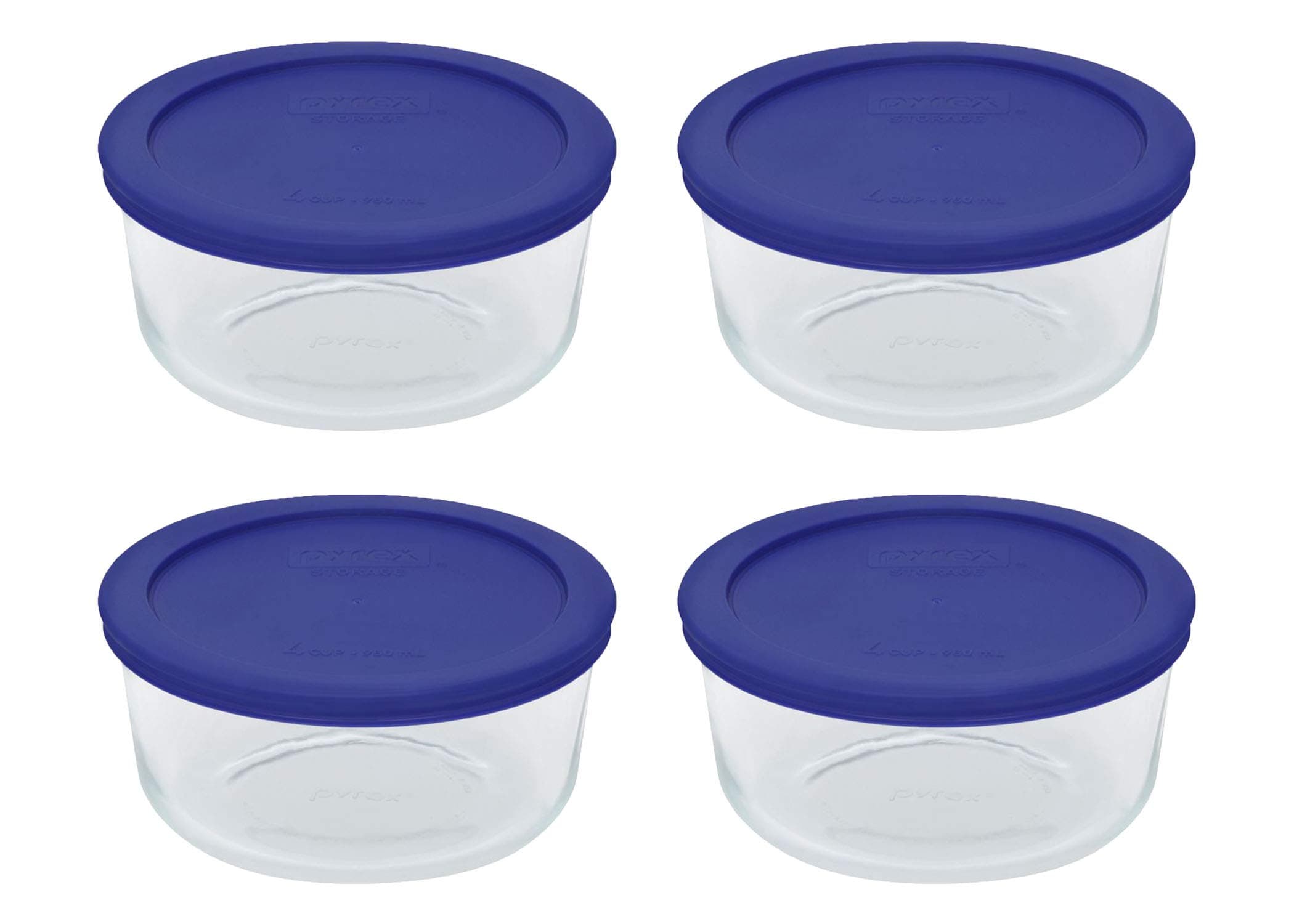 Pyrex 7201 4 Cup Glass Bowls & 7201-PC Cadet Blue Food Storage Replacement Lids (4-Pack) - Made in USA