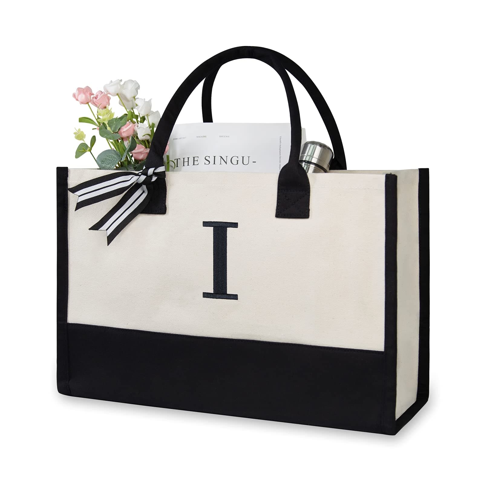 Personalized Initial Canvas Beach Bag, Monogrammed Gift Tote Bag for Women, I, Medium
