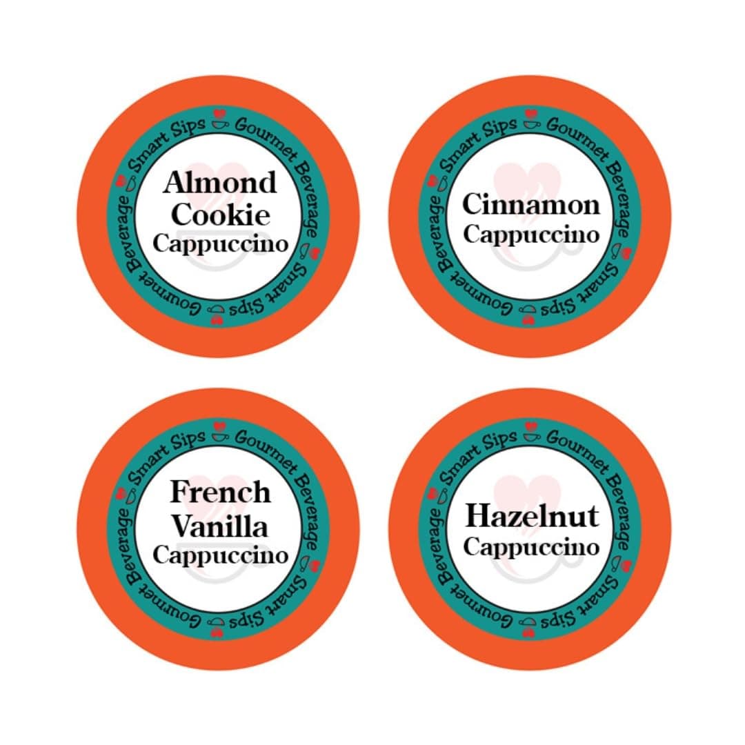 Smart Sips Cappuccino Variety Sampler Pack – Cinnamon, Almond Cookie, Hazelnut & French Vanilla Flavored Coffee Pods for Keurig K-Cup Brewers, Low Calorie, Gluten-Free, Kosher, 24 Single-Serve Pods