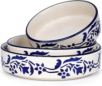 Ceramic Bowls | Flat Deep Serving Bowl Set of 3 – 800ml, 600ml, 500ml | Glossy Floral Blue Finish | Ideal for Pasta, Salad, Snacks & More | Multipurpose Ceramic Bowl Set