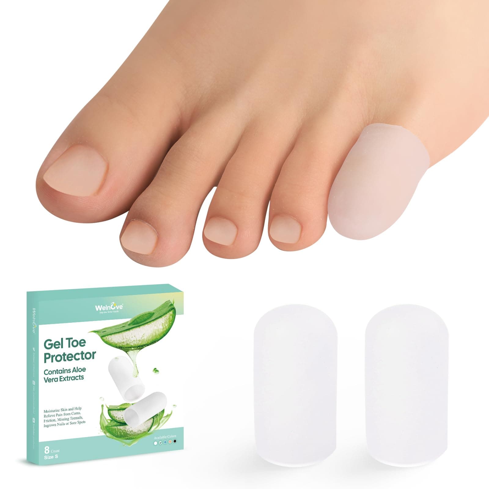 Welnove Gel Toe Cap and Protector - Infused Silicone Toe Covers - Pinky Toe Cushions for Pain Relief, Missing or Ingrown Toenails, Corns, Calluses, Blisters (8S, Clear)