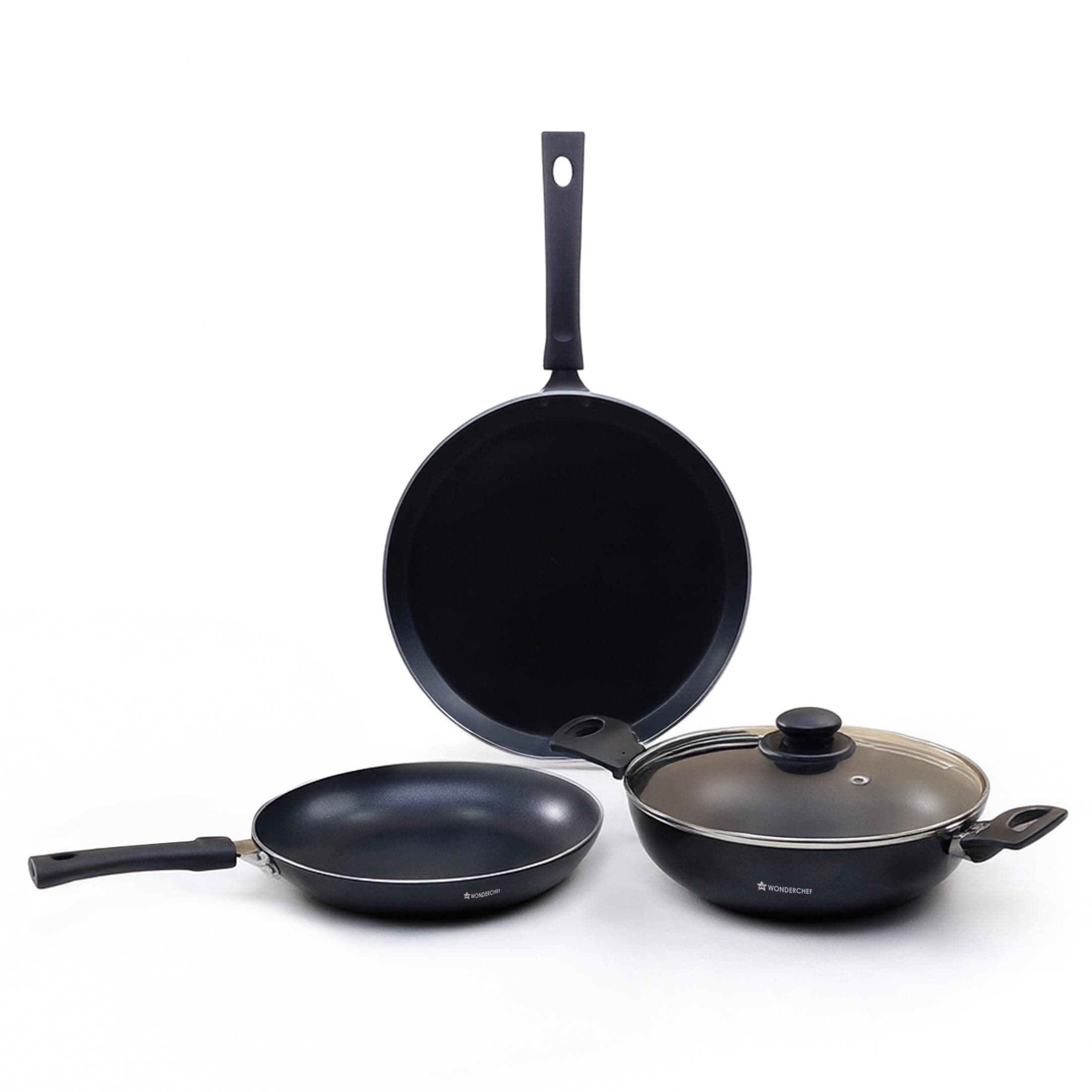 Wonderchef Valencia Non-Stick Cookware 4 Piece Set, Kadhai with Lid, Fry Pan, Dosa Tawa, Induction Friendly Design, Pure Grade Aluminium, PFOA Free, Black