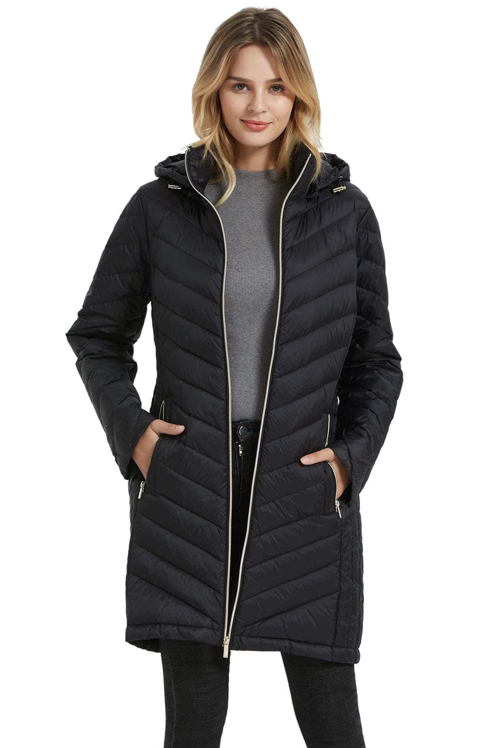 BINACL Women's Winter Hooded Parka,Packable Lightweight Jacket Windproof Outdoor Snowboard Travel Stylish Quilted Tennis Down Coat with Zipper Pockets Great with Cold Vests Scarf,Black L