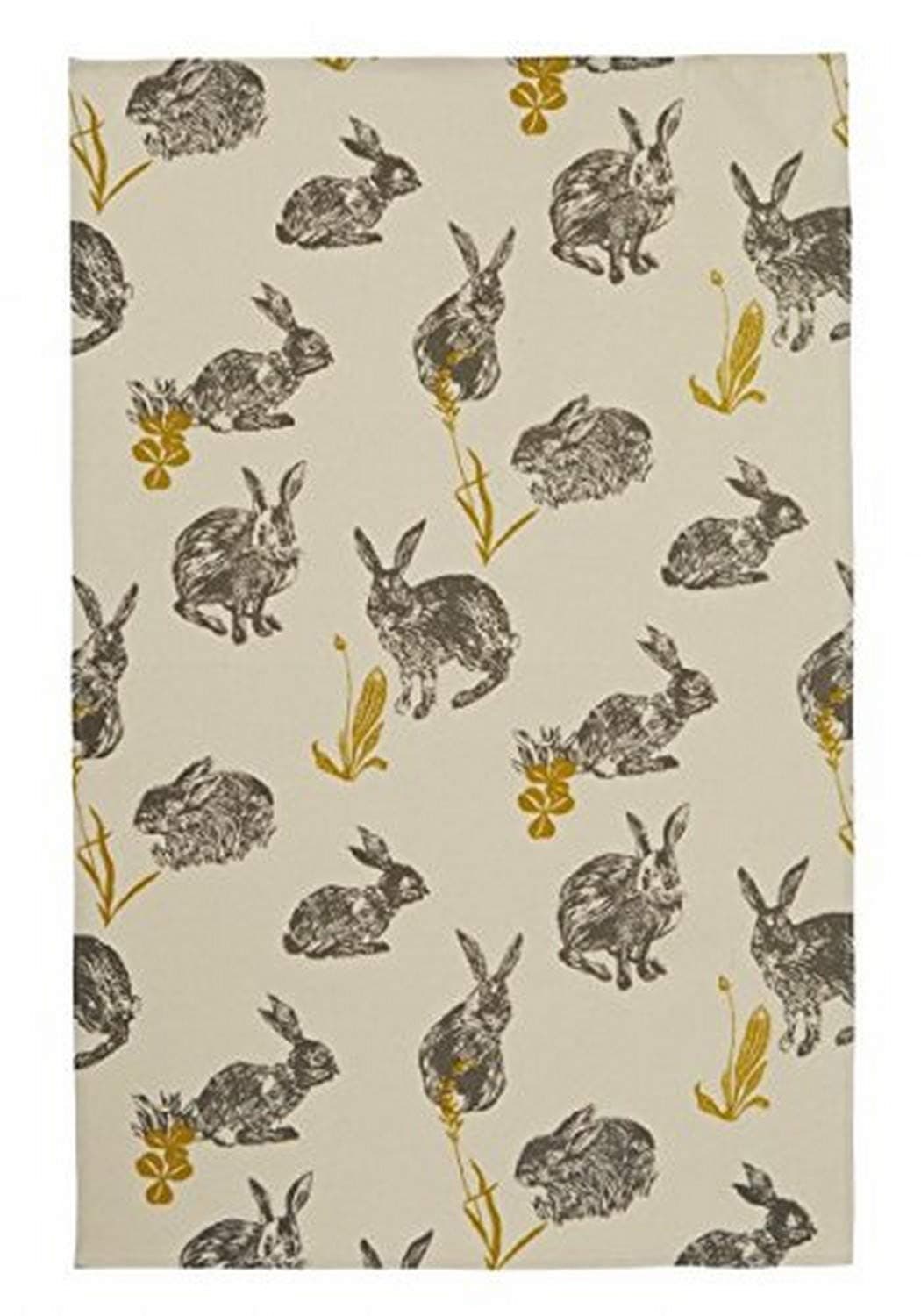 Tea Towel Cotton, Durable & Machine Washable, Eco-Friendly Design, Ideal Size, Animal Theme, Block Print Rabbits, Beige