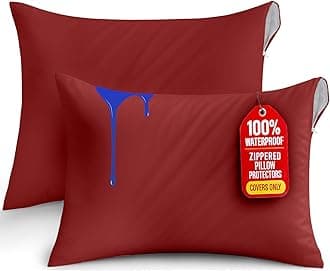 Utopia Bedding Waterproof Pillow Protectors Zippered Queen Size (2 Pack, Red), Zippered Pillowcases, Bed Bug Proof Pillow Encasement Covers 20 x 28 Inches