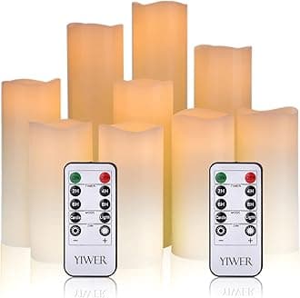 YIWER LED Candles,Flameless Candles Φ 2.2" x H 4"/5"/6"/7''/8''/9'' Real Wax Battery Candle Pillars, 10 Key Remote Control with 24 Hour Timer Function (Ivory) (1 * 9)