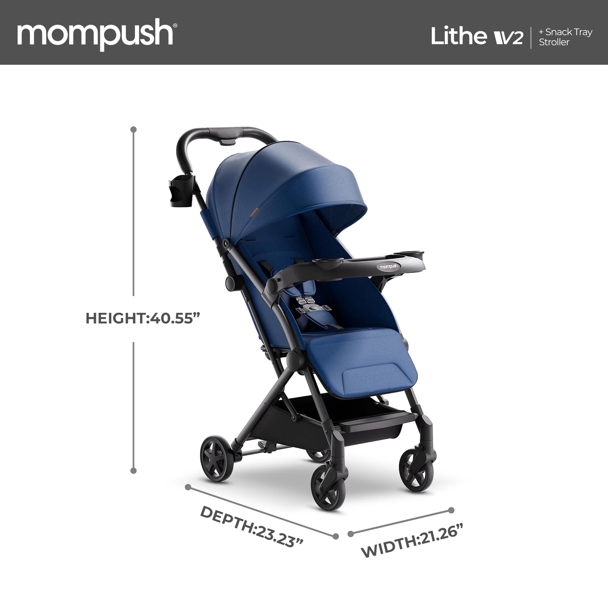 Mompush Lithe V2 Lightweight Stroller with Snack Tray, Ultra Compact Fold & Airplane Ready Travel Stroller, Near Flat Recline Seat, Cup Holder, Raincover & Travelbag Included