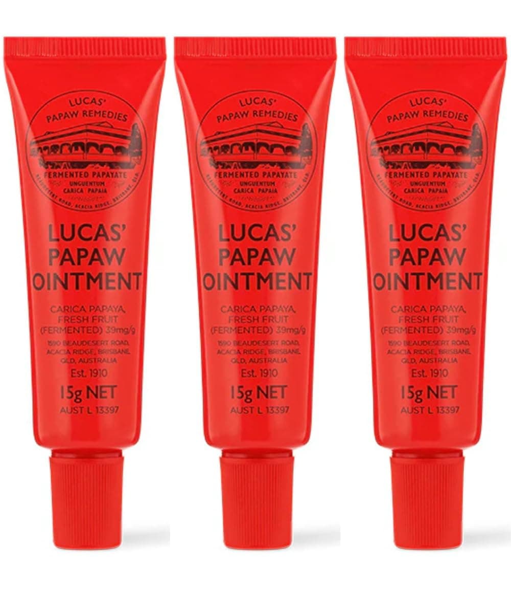 Lucas Papaw Ointment 15g Tubes with Lip Applicator — 3 Pack — Fermented Papaya Lip Balm for Dry, Chapped Lips, Travel Size, Made in Australia