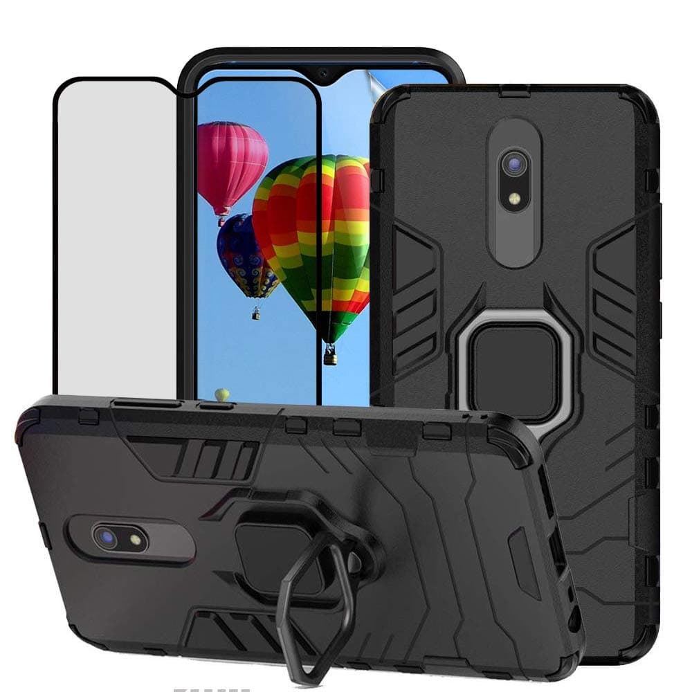 DuoLide for Xiaomi Redmi 8A / Redmi 8 Case, 2 in 1 Hybrid Heavy Duty Armor Shockproof Defender Kickstand Dual Layer Bumper Hard Back Case Cover Tempered Glass Screen Protector?Black