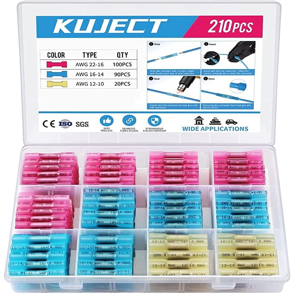 Kuject 210pcs Heat Shrink Butt Connectors, Crimp Electrical Wire Connector Waterproof Insulated Butt Splice Terminal for Automotive Marine Boat Truck Trailer Stereo Wire Joint