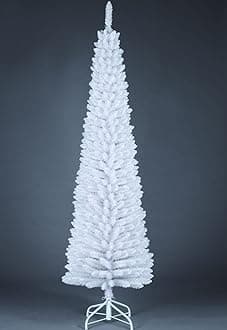 7Ft/2.1m Slim Christmas Tree Artificial White Pencil Tree 625 Pointed Tips, Metal Stand, Holiday Home Decorations