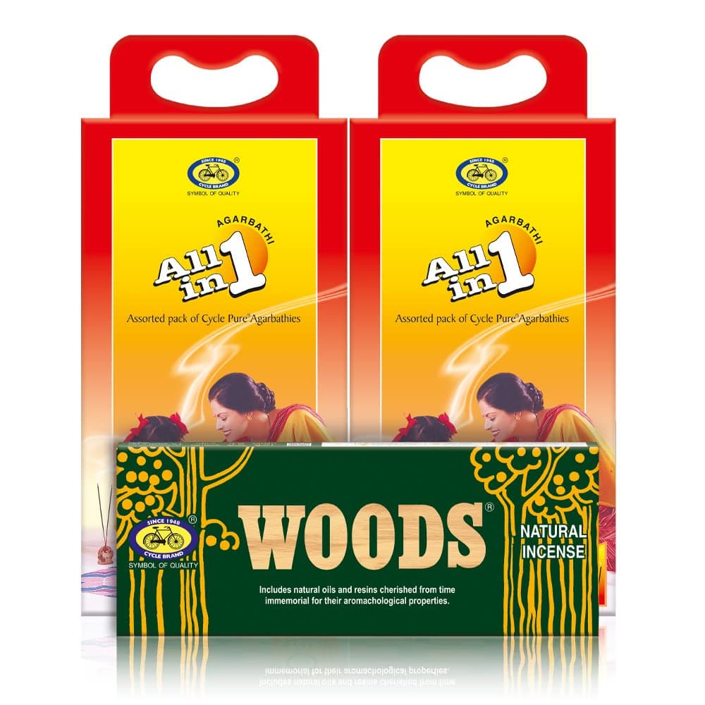 Cycle Pure Agarbatti Combo Pack - Woods (1 Pack) & All in One (2 Pack) - for Daily Puja, Yoga, Meditation, Special Ceremonies, Festivals - Set of 3 Packs