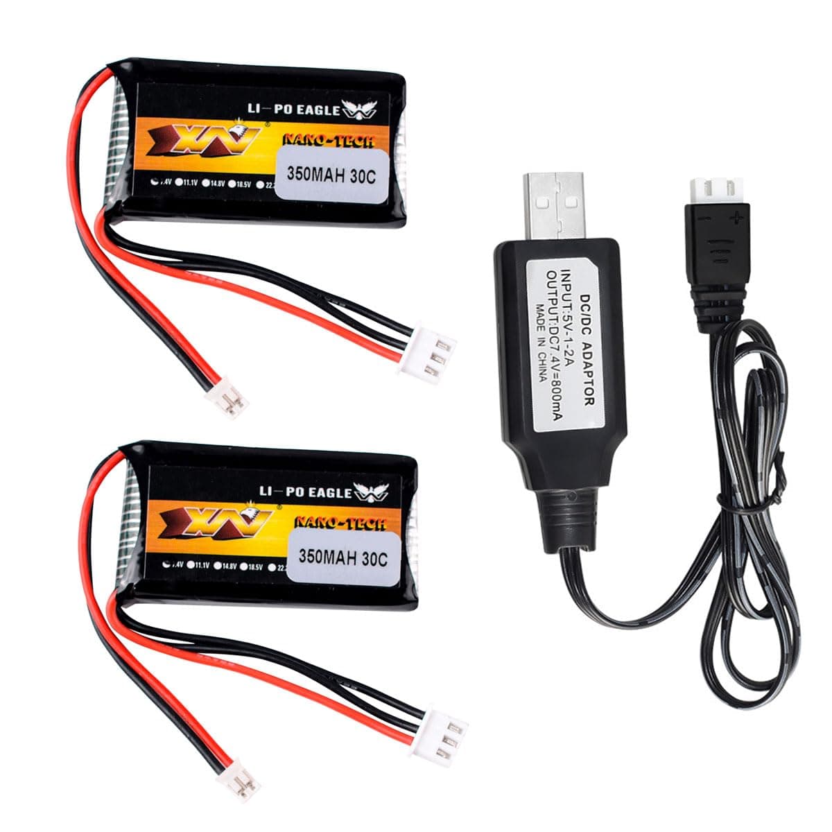 2 Pcs 7.4v 350mah 30C Lipo Battery PH2.0 Plug with 7.4v USB Charger for SCX24 RC Truck