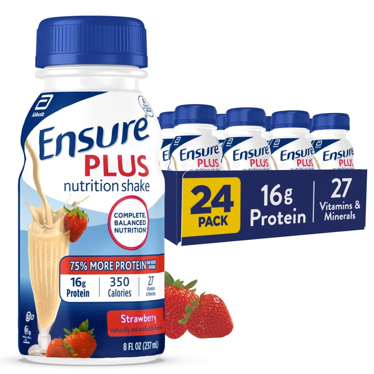 Ensure Plus Strawberry Nutrition Shake | Meal Replacement Shake | Ready To Drink | 16g Protein and 27 Vitamins and Minerals | 8 fl oz - 24 Pack