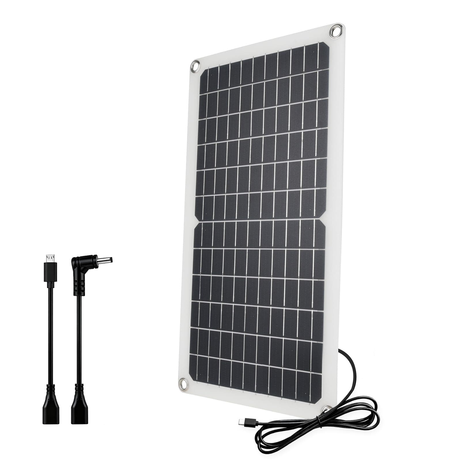 15W 5V Solar Panel 2.0, Flexible & Waterproof USB C Solar Charger with Micro-USB/Barrel Port, 4-Core Cable & No Reverse Current for Camping, Outdoor Camera, Fan, Water Pump