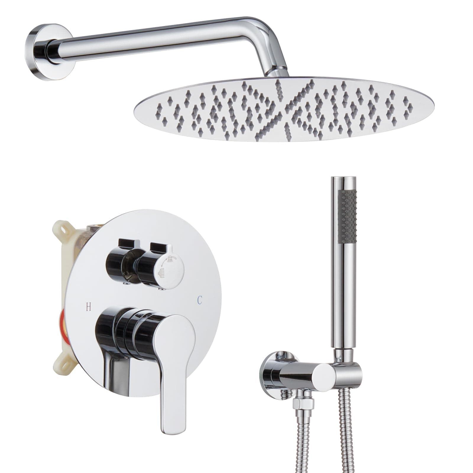 Iriber Chrome Shower System Wall Mounted Shower Faucet Mixer Set with 12 Inches Round Rain Shower head and Handheld, Bathroom Rainfall Polished Chrome Shower Trim Kit Contain Valve