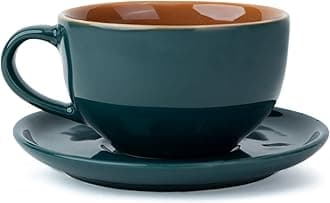 Shay Large Ceramic Coffee Cup Saucer Set, Teal Green, 320ml | Cappuccino Cup | Glossy Finish | Premium Porcelain | Microwave Safe