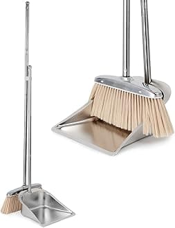 Broom and Dustpan Set for Home, Stainless Steel Broom and Dustpan Set with Long Handle, Heavy Duty Dustpan Broom Set Standing Dust Pan Kitchen and Home Indoor Outdoor Broom