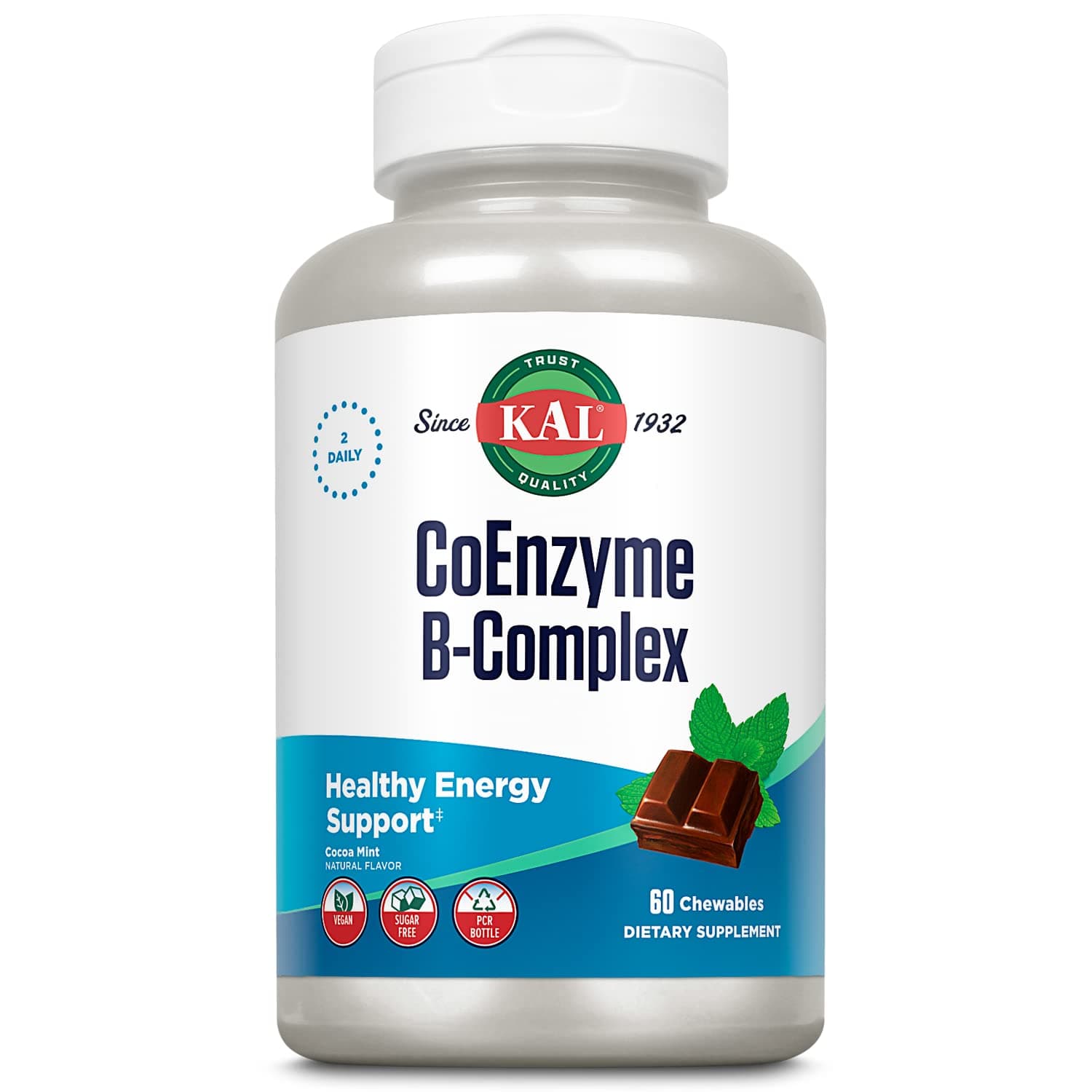CoEnzyme Vitamin B Complex, Chewable B Vitamins for Healthy Energy, Red Blood Cell and Nerve Function Support w/Vitamin B12, B6, Folic Acid, Natural Cocoa Mint, Vegan, Sugar Free, 30 Serv, 60ct