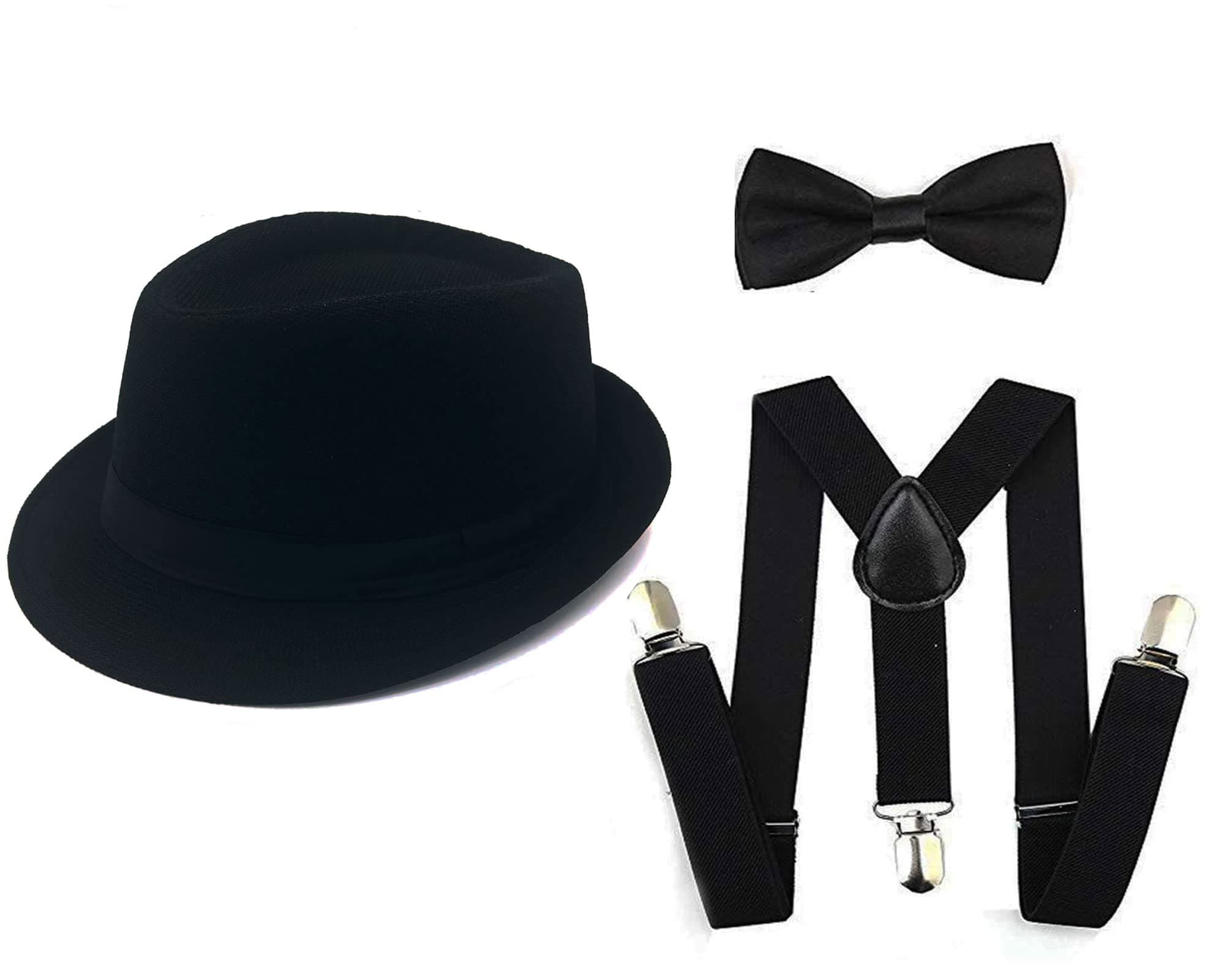 Ningfly 1920s Set Fedora Gangster Hat Costume Accessory Y-Back Suspenders & Pre Tied Bow Tie,Men's Roaring 1920s Set Manhattan Fedora Hat bigger kids (black), 59CM