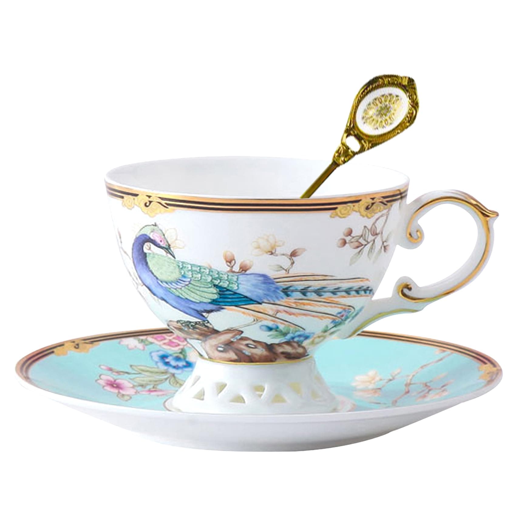ACMLIFE Bone China Tea Cup and Saucer Set - Bone China Tea Coffee Cup and Saucer Set for 1 Luxury Fine China Tea Cup Set for One Blue Vintage Teacups and Saucers for Women Tea Party or Gift Giving