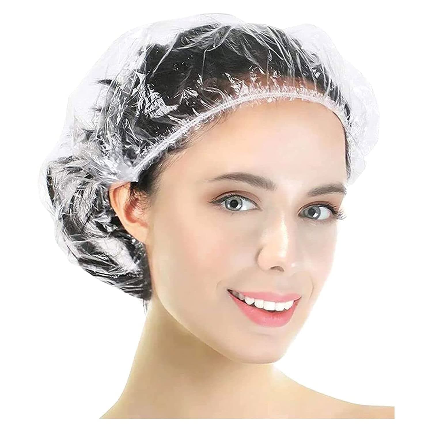 30PCS Disposable Shower Caps + 60PCS Clear Ear Protectors, Individually Wrapped Larger and Thicker Plastic Caps, Waterproof Ear Covers for Home, Hotel(Transparent)