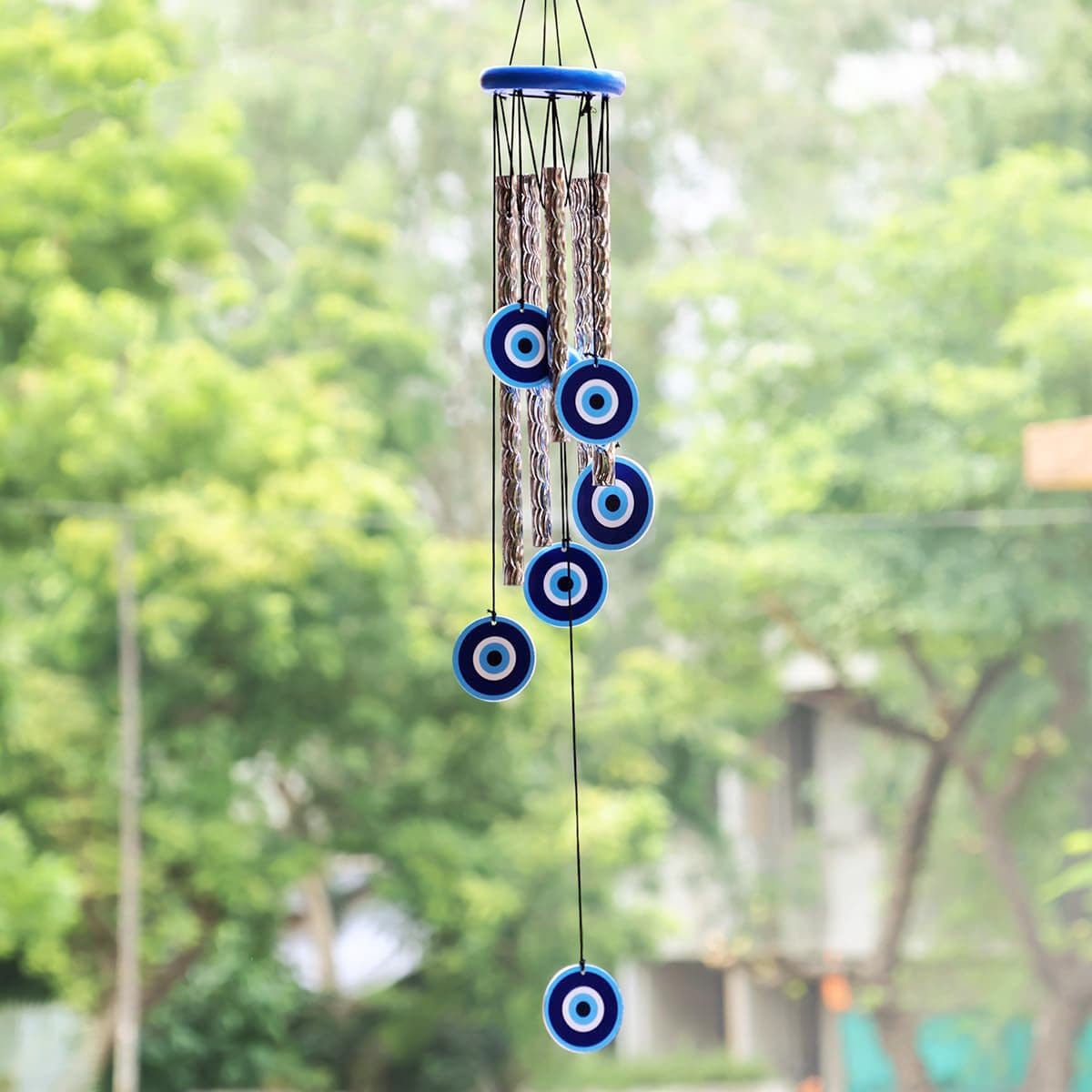Evil Eye Wind Chimes for Home 27 Inch | Silver Metal Pipe Wind Chime with Evil Eye Protection | Feng Shui Wind Chimes for Balcony, Bedroom & Home Décor