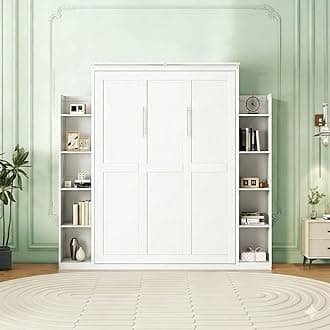 Harper & Bright Designs Queen Size Murphy Bed, Wooden Wall Bed with Shelves and LED Lights, White