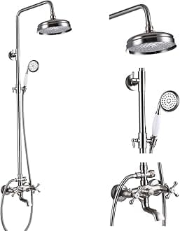 gotonovoBathroom Shower Faucet Rain Mixer 8 Inch Round Shower Head Double Cross Handle with Tub Spout Wall Mount Bathroom Shower Fixtures 3 Function Metal Handheld Sprayer Brushed Nickel