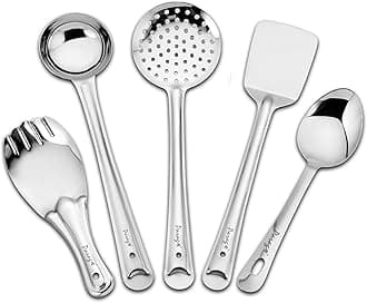 Parage 5 Pieces Stainless Steel Kitchen Tools Set for Kitchen Cooking and Serving, Pack of 5, Ladle(Karchhi), Skimmer(Jhara), Turner/Spatula (Palta), Basting and Rice Spoon, Silver, 34.5 cm