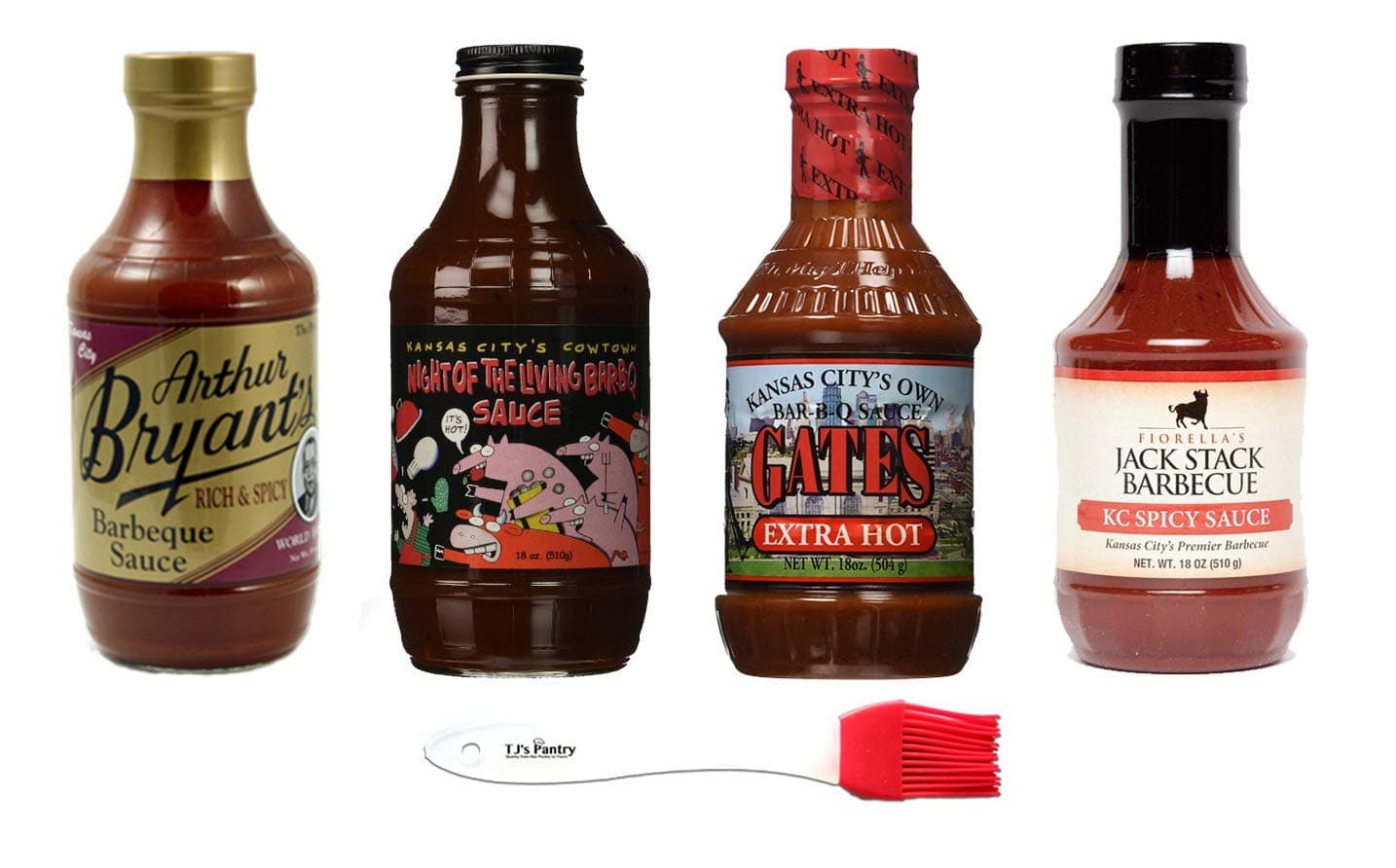 Kansas City BBQ Sauce Variety Sampler Gift Pack (4) + TJs Pantry Silicone Basting Brush (Spicy Variety)