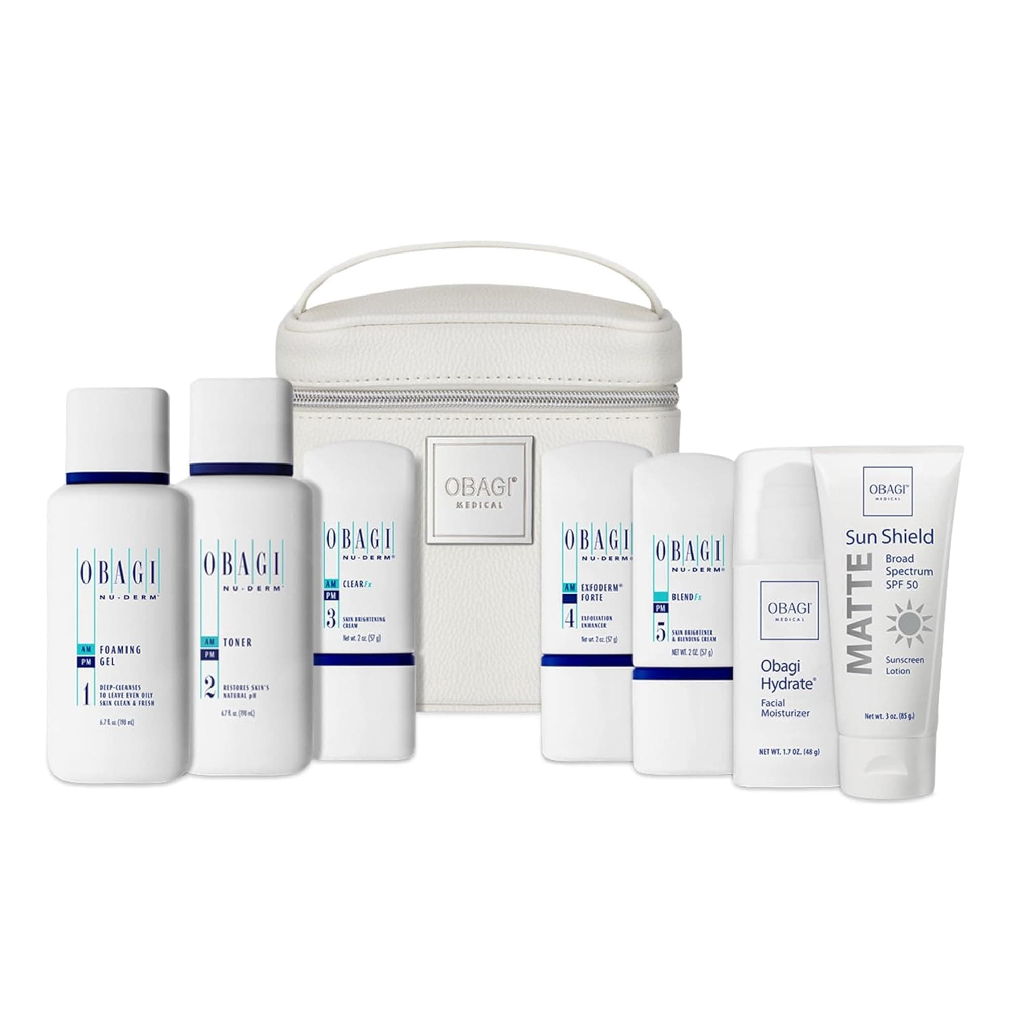 Medical Nu-Derm Fx System Normal to Oily Bundle - Includes: Foaming Gel, Toner, Clear, Exfoderm Forte, Blend. Hydrate and Sun Shield.