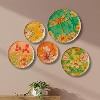 RITUALISTIC Pastel Blooms Iron Wall Art Plates – Set of 5 Decorative Plates | Floral & Nature-Inspired Metal Wall Decor | Soft-Toned Wall Hanging for Living Room, Bedroom & Elegant Home Decor