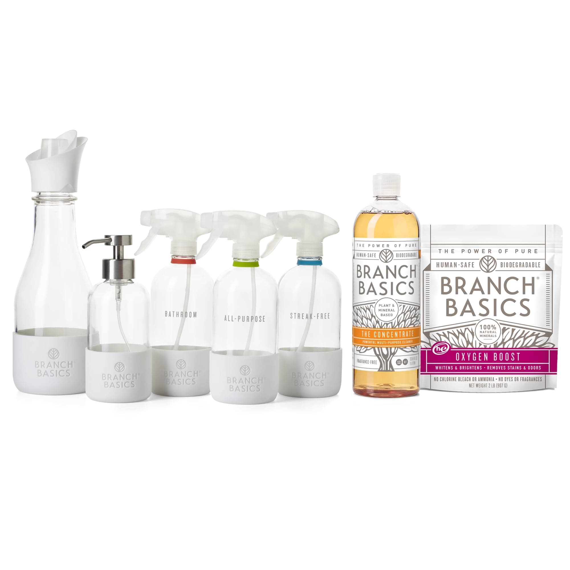 Premium Starter Kit in Glass: All Purpose Cleaner, Glass Cleaner, Bathroom Cleaner, Wash Bottle, and Laundry Bottle (3 Glass Spray Bottles + Concentrate) Fragrance-Free