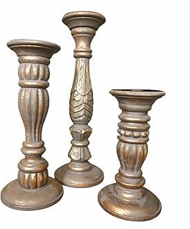 Design Dynamics Handcarved Wooden Candle Stand Set of 3 (9", 12", 15") | Antique Grey Finish | Solid Wood Pillar Candle Holders for Home Décor & Gifting