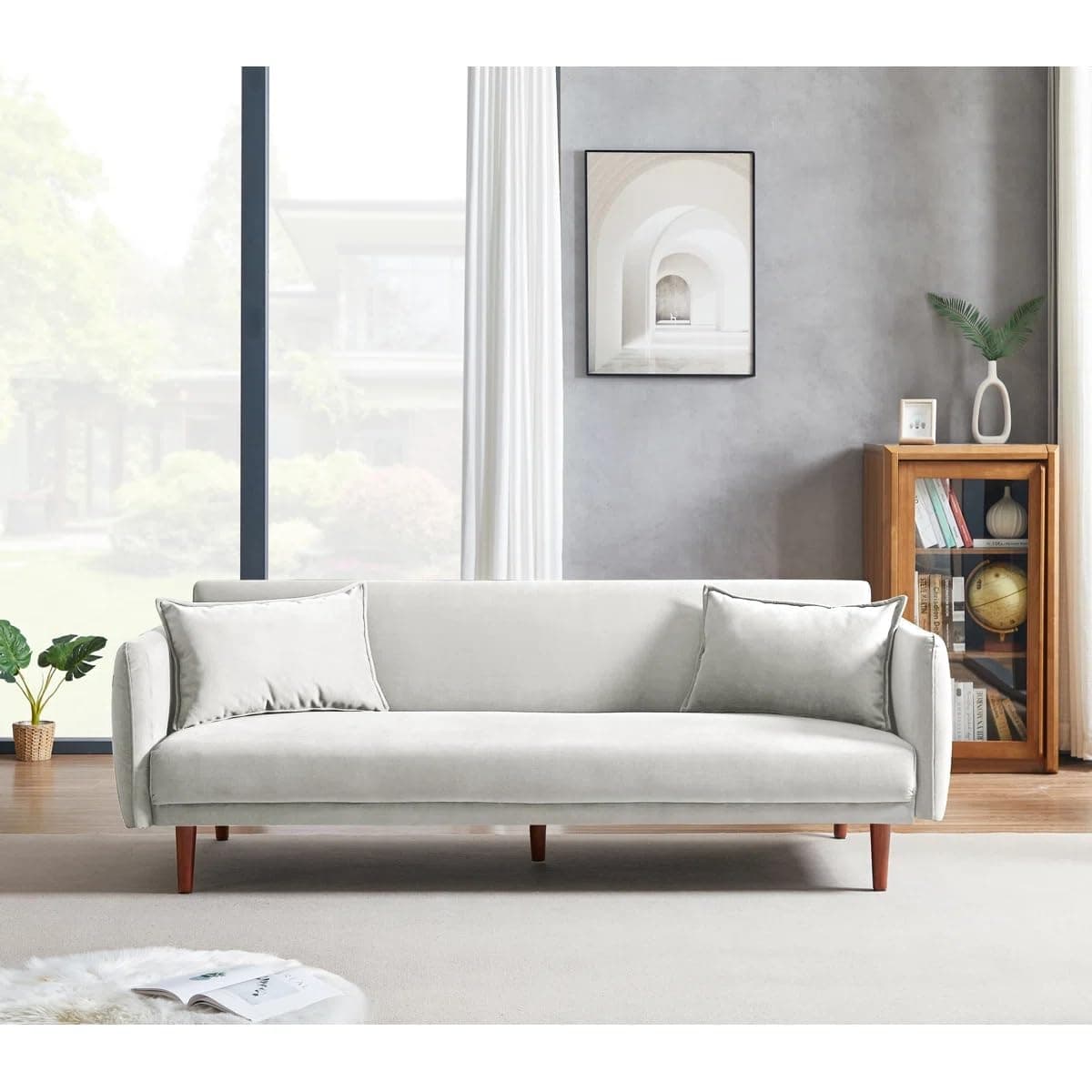 71.26" Modern Contemprory Teddy Velvet Sofa Bed Folding Couch Sofacumbed for Bedroom with Two Throw Pillows for Living Room(3 Person Sofa) (Velvet Beige)