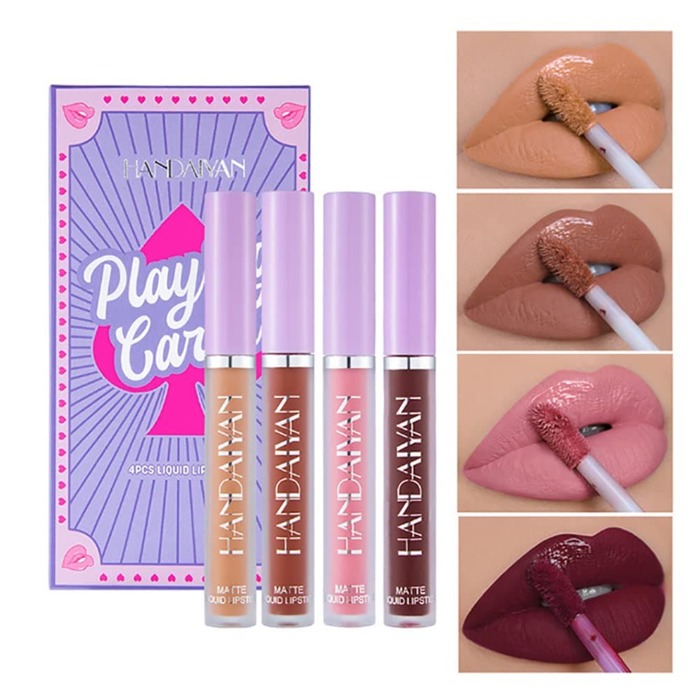 Theshiry 4Pcs Matte Liquid Lipstick Makeup Set, Nude Matte liquid Long-Lasting Wear Non-Stick Cup Waterproof Lip Gloss, Makeup Lip Gloss Set (Set 1)