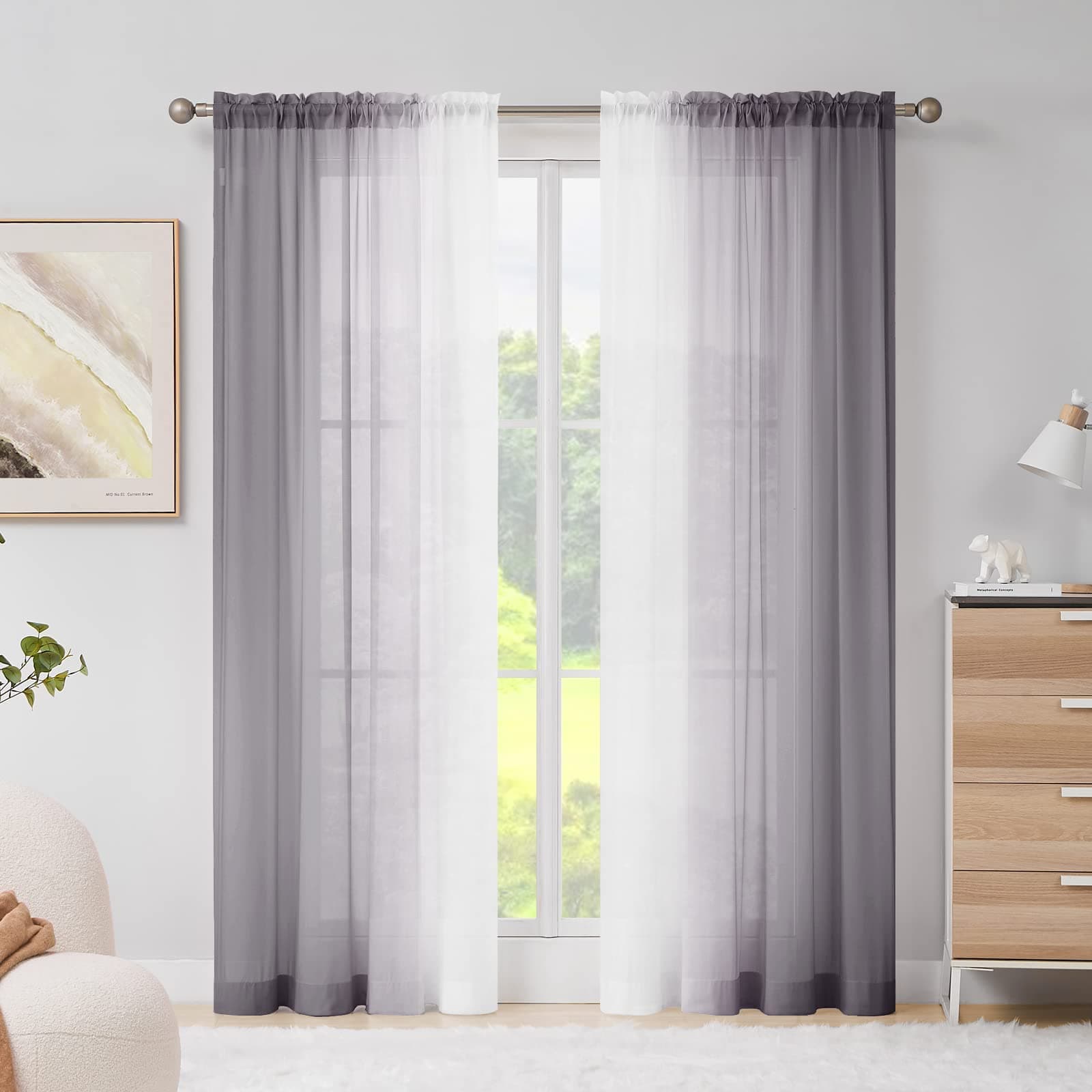 Melodieux Grey Ombre Sheer Curtains - Lightweigth Chiffon Gradient Window Draps, Privacy Proctecion, Rod Pocket Voiles Elegant Window Curtains (56x81 inch, 2 Panels)