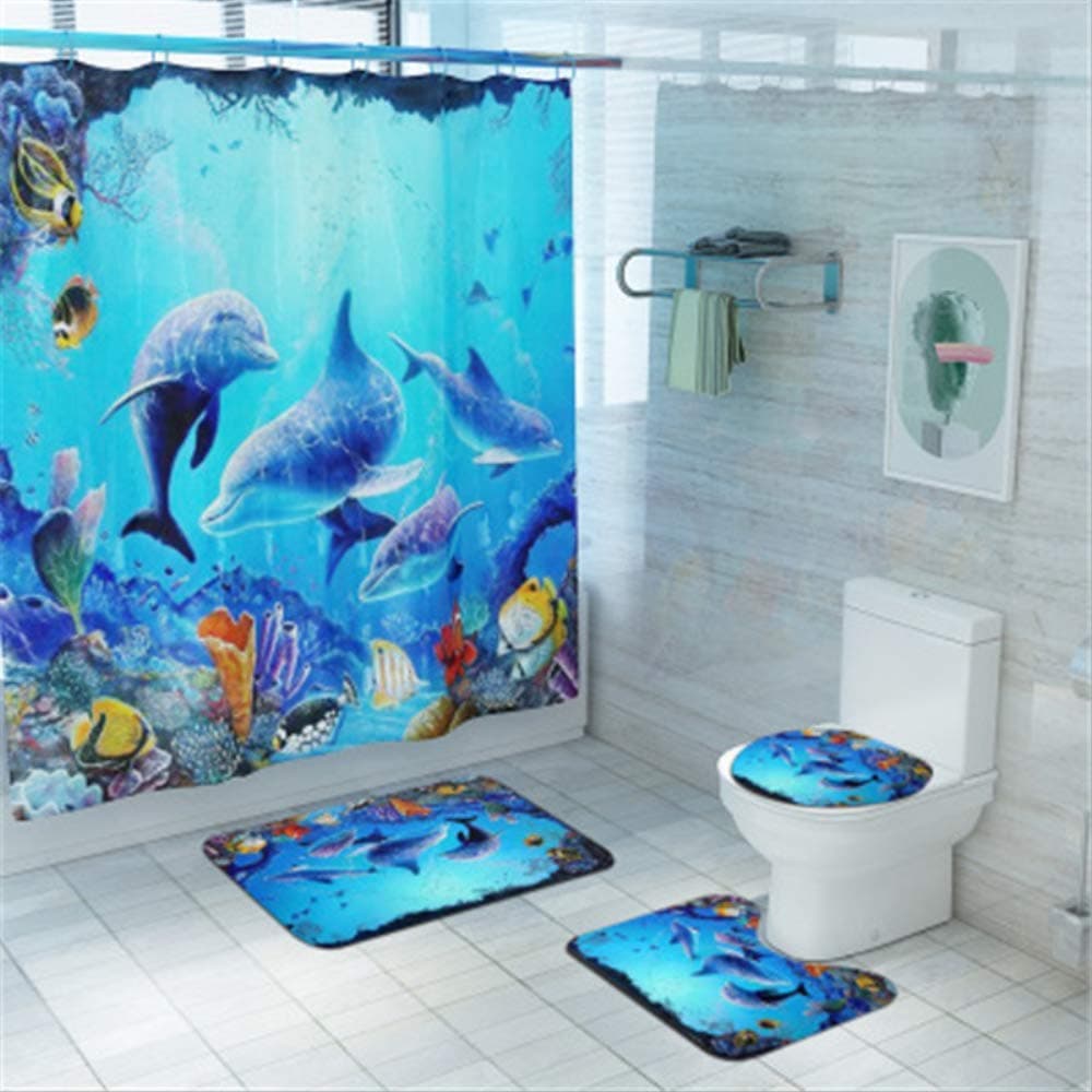 4-Piece Bathroom Set - Anti-Slip Mat, Mildew Proof Shower Curtain, Coral Velvet Floor Mat, Washable Bathroom Toilet Carpet/Ocean/12 Hooks