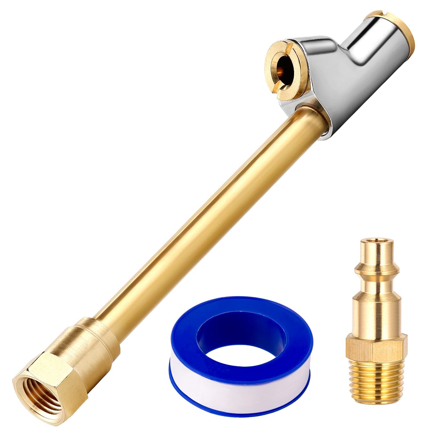Brass Made Premium 2-Way Connection Heavy Duty Air Chuck Set, 1/4 In FNPT Straight-on Foot Dual Head Tire Chuck with Quick Plug, Tire Air Fill Kit Tool for Tire Inflator Gauge or Air Compressor
