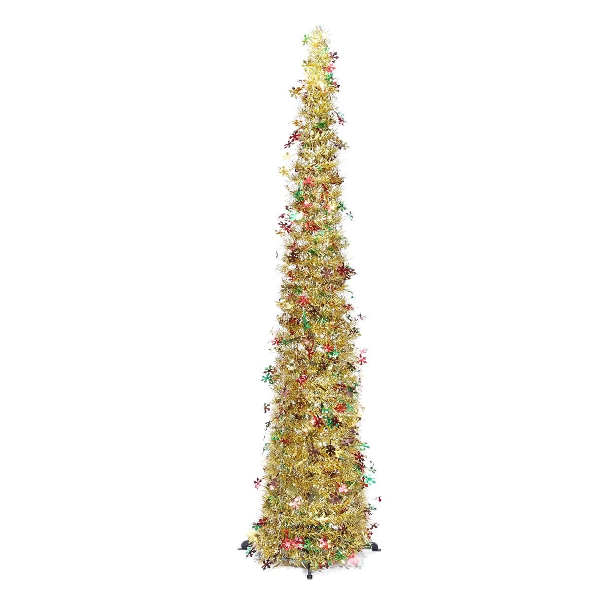 ElekFX Pop Up Christmas Tinsel Tree- 5ft Collapsible Colorful Sequin Artificial Christmas Pencil Trees Decorations for Home Apartment Party Indoor Outdoor (5 Foot - Colorful Gold)