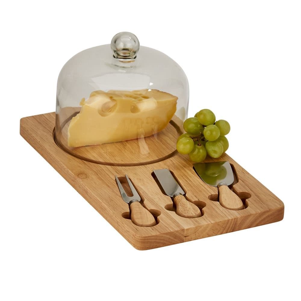 0 Cheese Board with Glass Dome and 3 Utensils, Natural Wood
