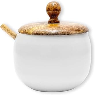 GoCraft Sugar Bowl with Wooden Lid and Spoon – Drum Shape, Shiny White Finish, Elegant Sugar Container for Coffee, Tea, Dining, Kitchen, Home Use, Stylish Sugar Dispenser for Table, Easy to Use