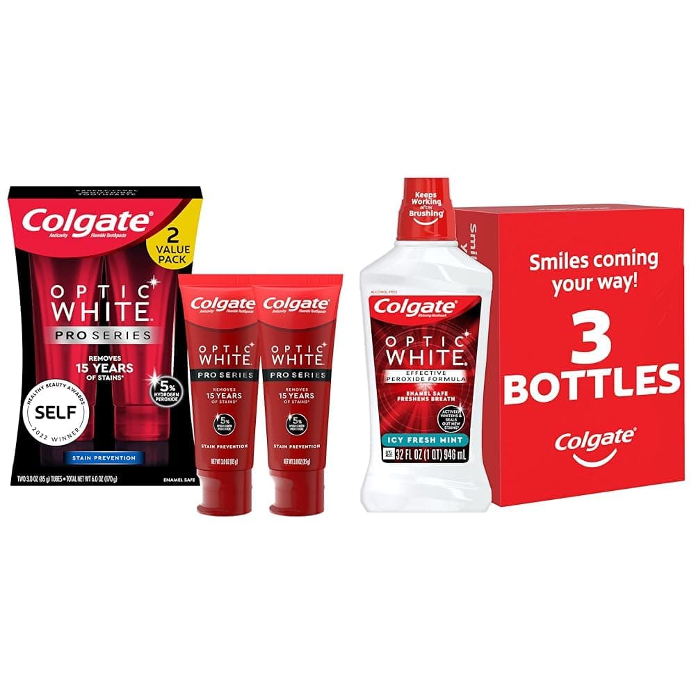 Optic White Pro Series Whitening Toothpaste with 5% Hydrogen Peroxide & Optic White Whitening Mouthwash, 2% Hydrogen Peroxide, Fresh Mint, 32 Ounce, 3 Pack (Packaging May Vary)