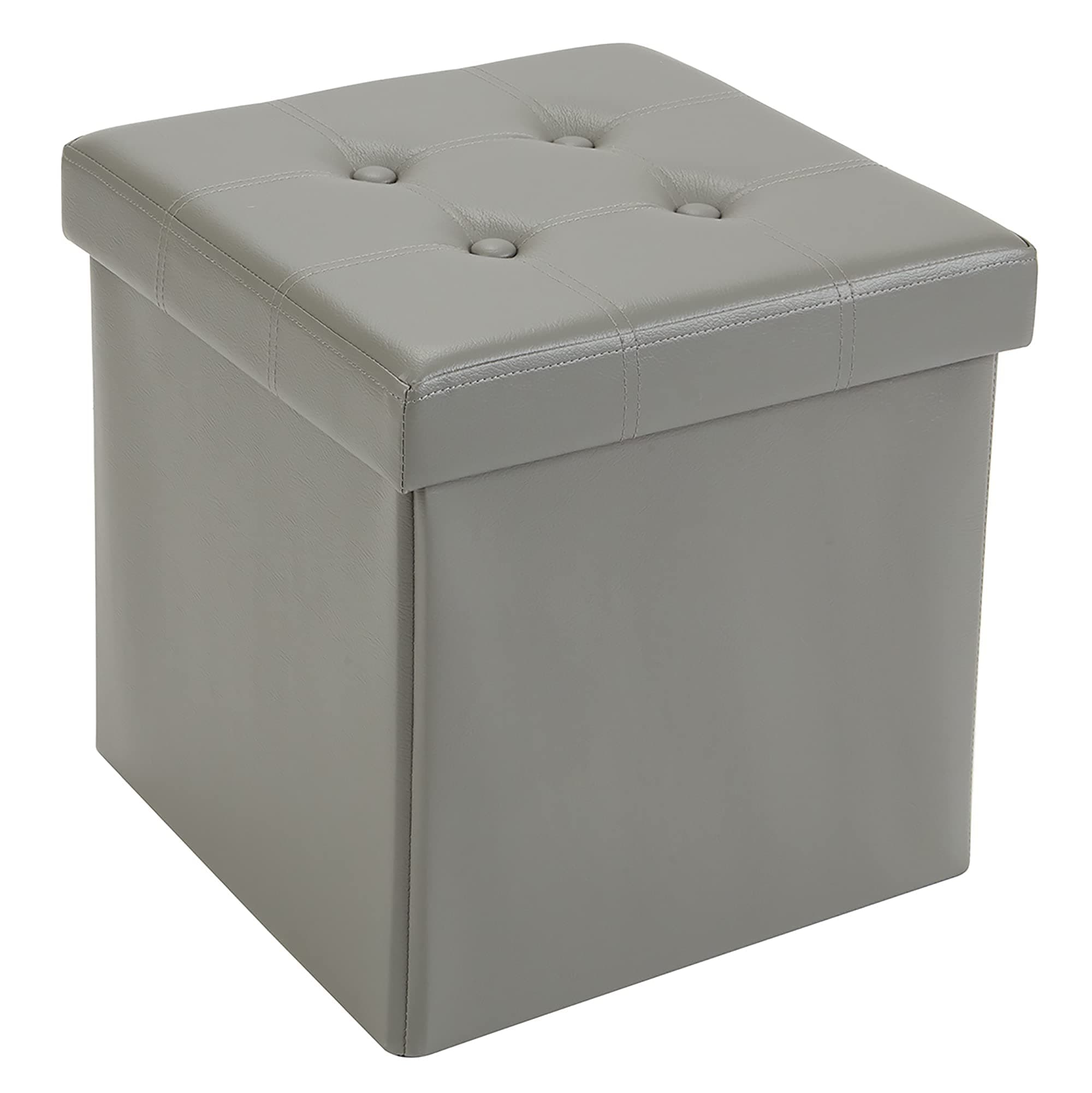 FHE 15” Tufted Folding Storage Ottoman Cube, 15 x 15 x 15, Grey Vegan Faux Leather, Easy Transformation for Extra Storage, Seating, and Foot Rest, Family, Guests, Decluttering