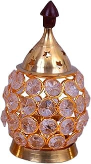 Collectible India Akhand Diya Decorative Brass Crystal Oil Lamp Tea Light Holder Lantern Oval Shape | Puja Lamp (X-Large)