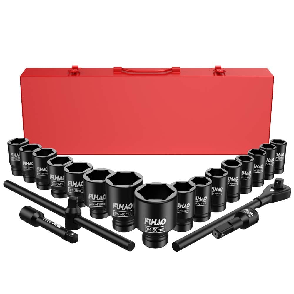 Anbull3/4" Drive Jumbo Impact Socket Set, 21 Piece Shallow Socket Assortment, 6-Point Standard Metric Sizes (21-50 mm) | Cr-V Steel
